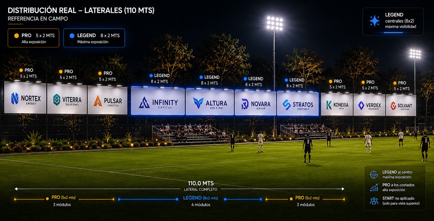 Referencia en campo de un lateral completo de 110 metros con módulos Legend al centro y Pro a los costados